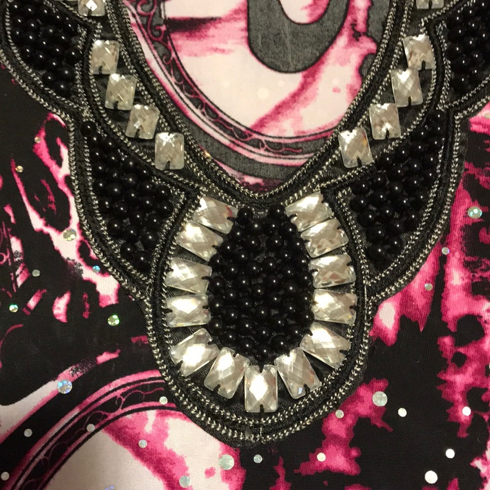 Essentials pink and black tunic Rhinestone V neck and Sequin bling super soft - Picture 7 of 8